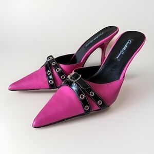 Charlotte Russe Pink Mule Kitten‎ Heels Black Silver Belt 6.5 Y2K Punk Glam VTG